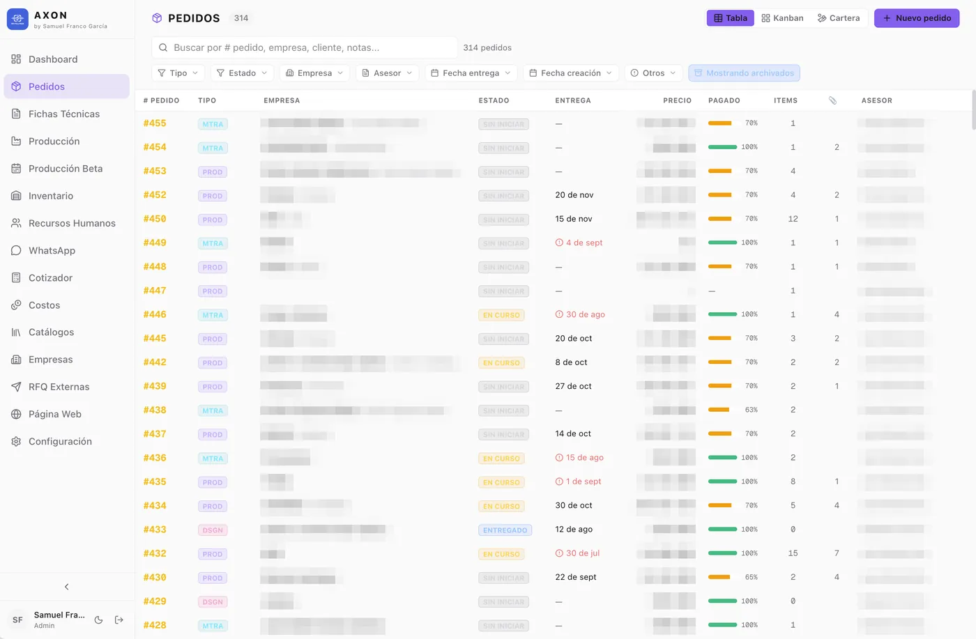 Lista de pedidos de AXON con estado, entrega, precio y avance de pago