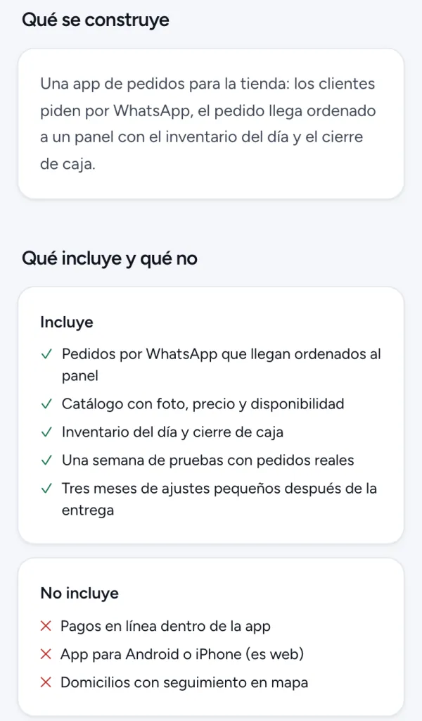 Contrato en el celular con lo que incluye y lo que no incluye